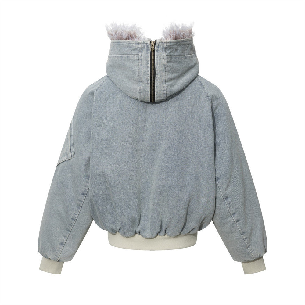 Washed Denim Hooded Bomber Jacket with Faux Fur Collar – Padded Winter Coat