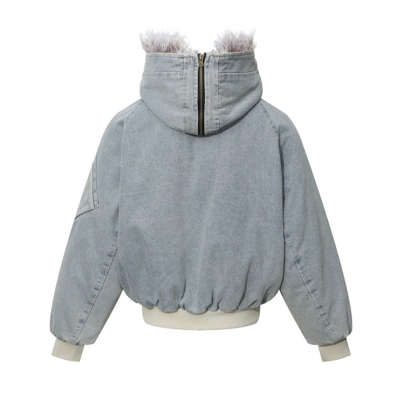 Washed Denim Hooded Bomber Jacket with Faux Fur Collar – Padded Winter Coat