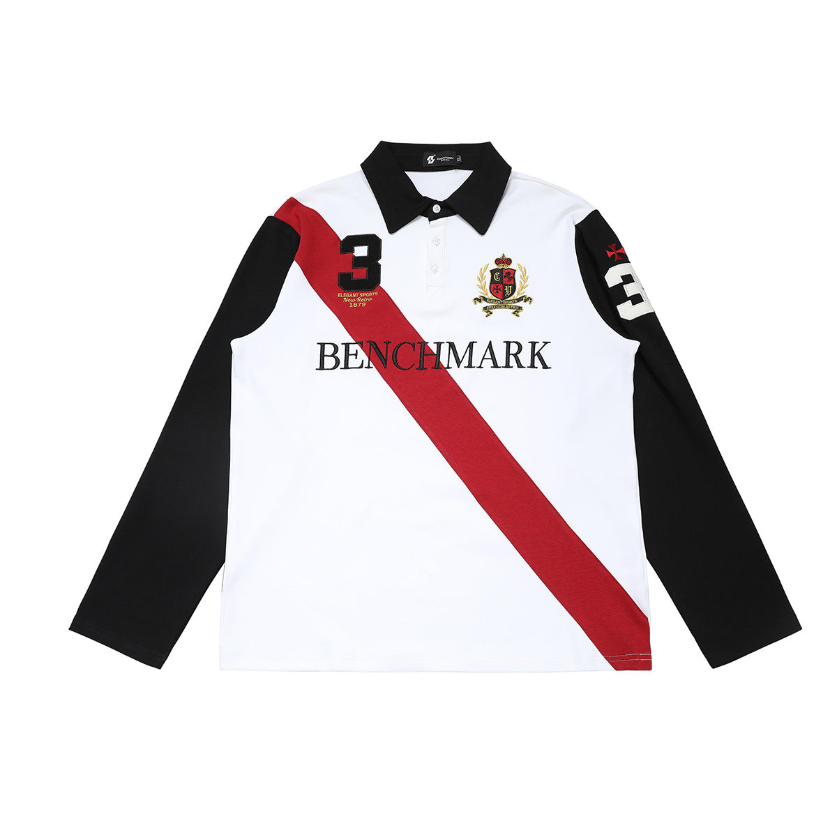Benchmark Long-Sleeve Rugby Polo Shirt – Colorblock Diagonal Stripe & Crest