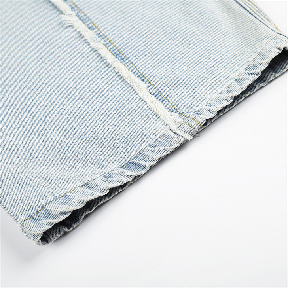 Light Wash Distressed Wide-Leg Jeans – Deconstructed Raw Edge Streetwear Denim
