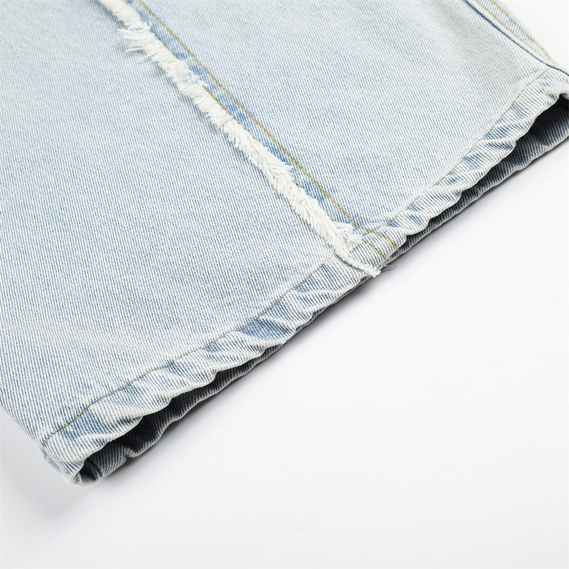 Light Wash Distressed Wide-Leg Jeans – Deconstructed Raw Edge Streetwear Denim