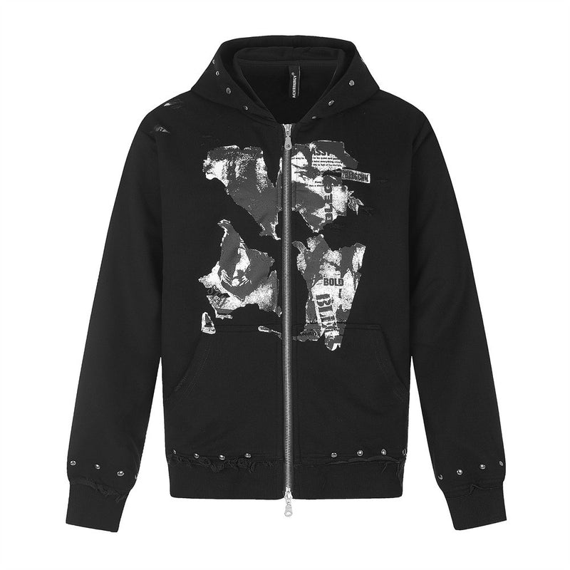 Black zip-up hoodie front view with abstract white graphic print, studded hood and distressed hems