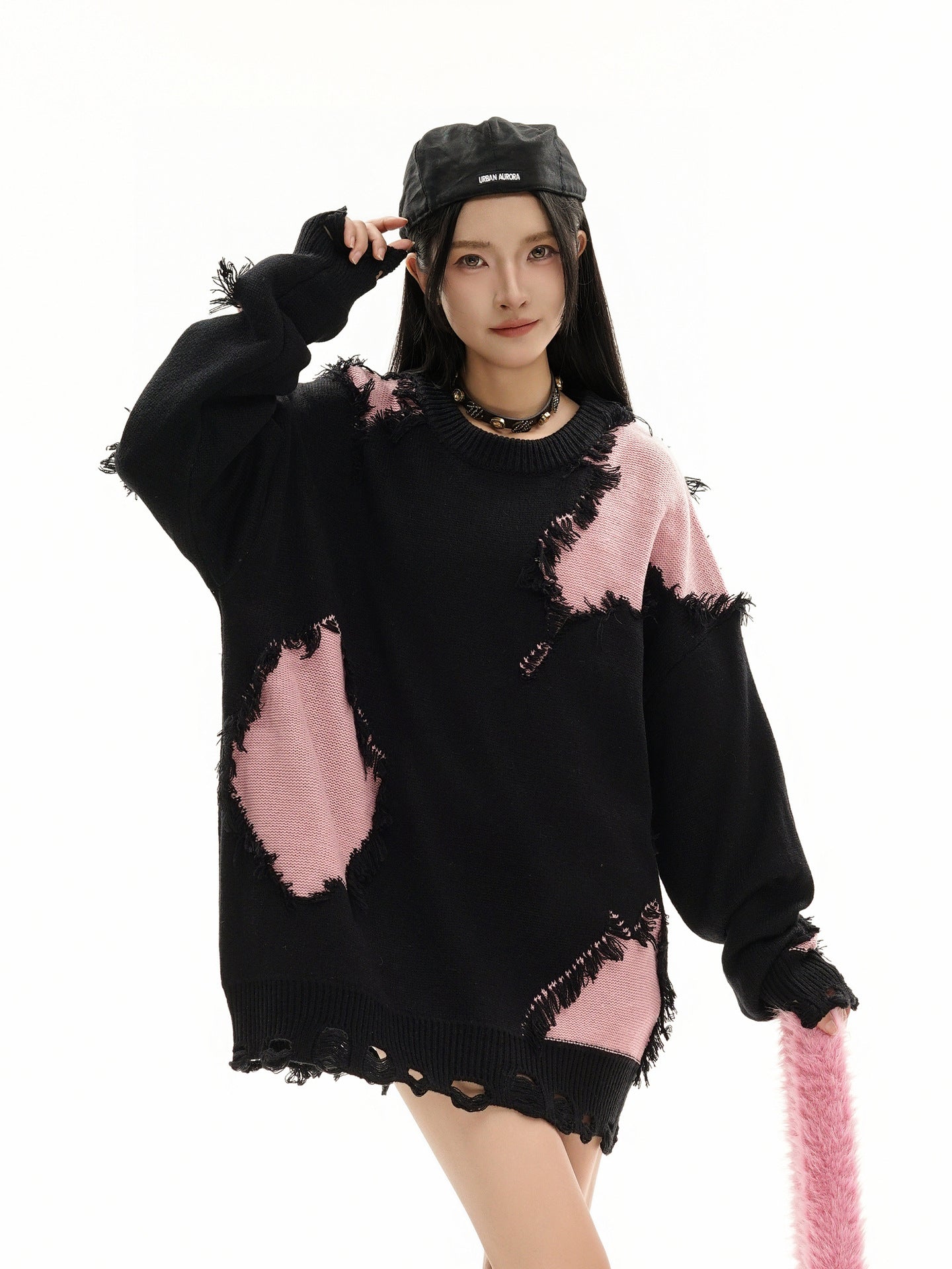 Pull en maille color block effet usé – Pull oversize à franges, style high-street