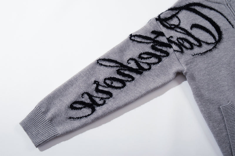Graffiti Script Zip-Up Knit Cardigan Sweater – Oversized American Street Style