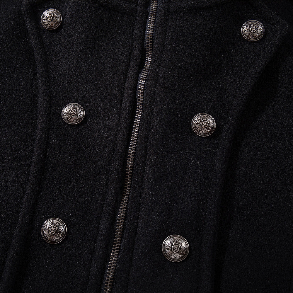 Chaqueta corta negra de estilo militar para hombre con botones metálicos cruzados