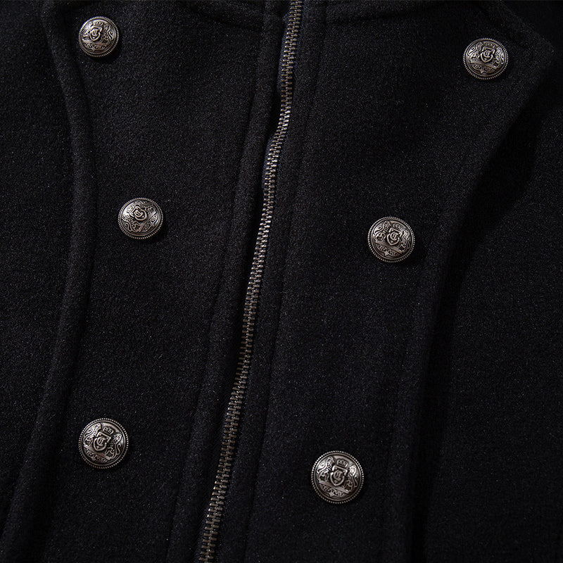 Chaqueta corta negra de estilo militar para hombre con botones metálicos cruzados