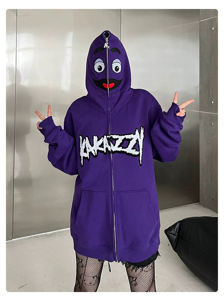 Fun Cartoon Face Hoodie - 400GSM Oversized Purple Zip-Up Streetwear Sweatshirt