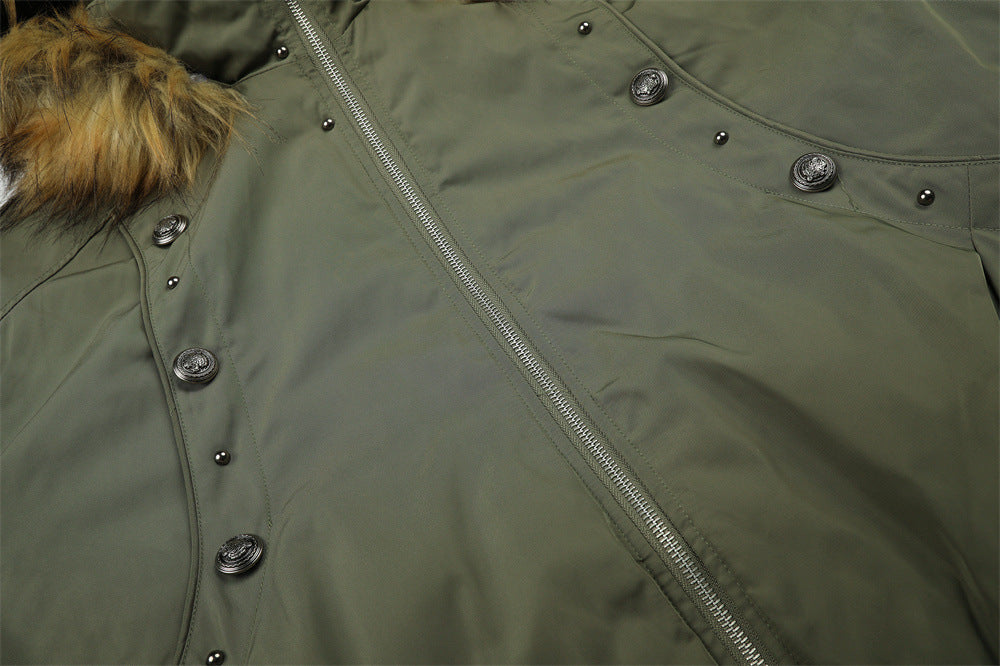 Men's Hooded Bomber Jacket with Detachable Fur-Trim Hood & Military Button