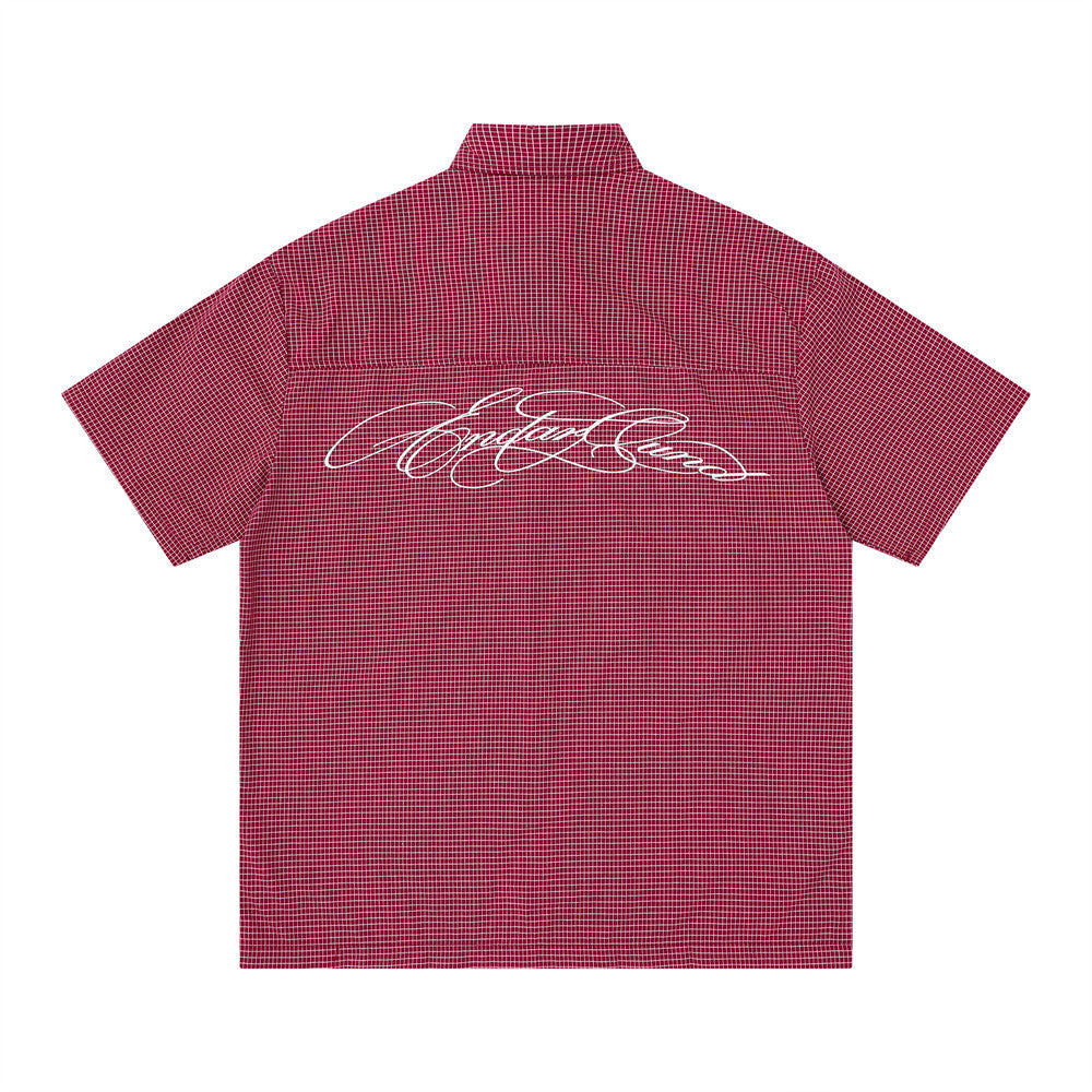 American Casual Plaid Short Sleeve Shirt with Script Embroidery