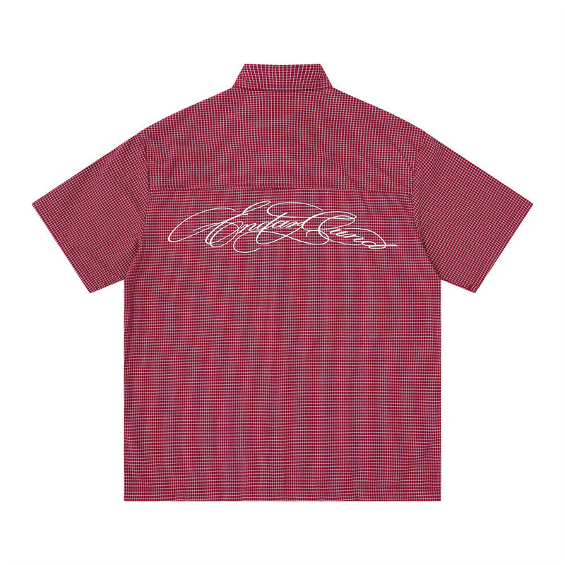 American Casual Plaid Short Sleeve Shirt with Script Embroidery