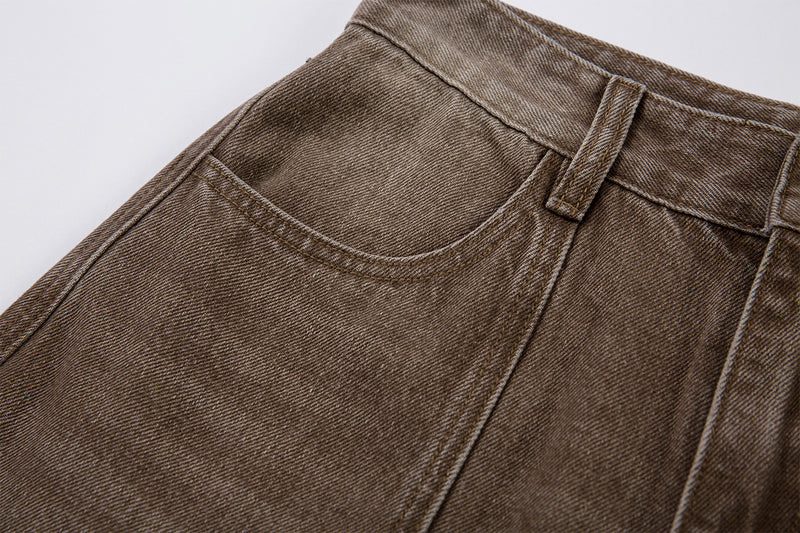 Jean cargo baggy taille haute – Denim marron délavé à jambes larges et coutures courbes