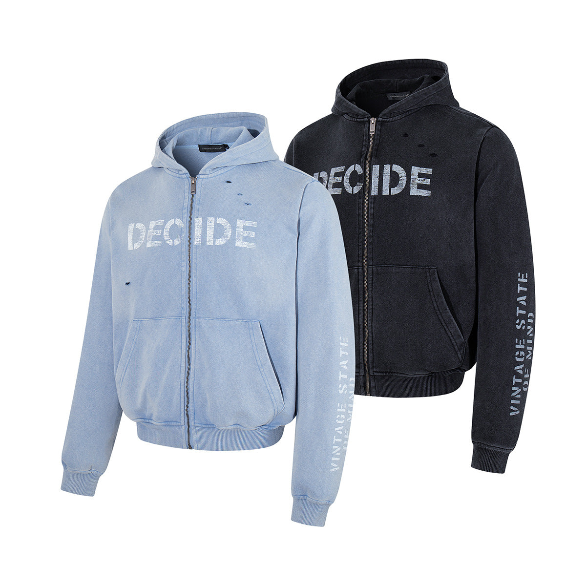 Oversize Zip Up Hoodie Vintage Acid-Washed Distressed Decide Graphic Full-Zip