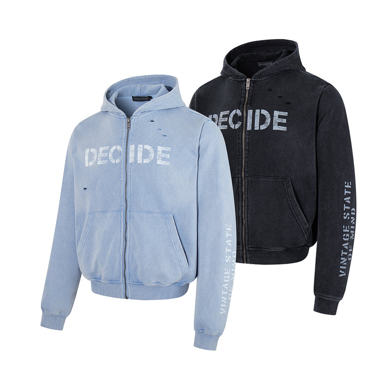 Oversize Zip Up Hoodie Vintage Acid-Washed Distressed Decide Graphic Full-Zip