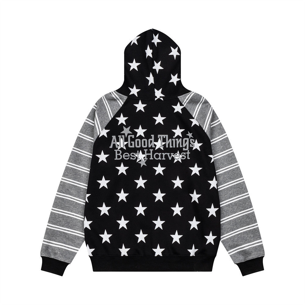 Star Print Zip-Up Hoodie with Striped Raglan Sleeves – Oversized Streetwear