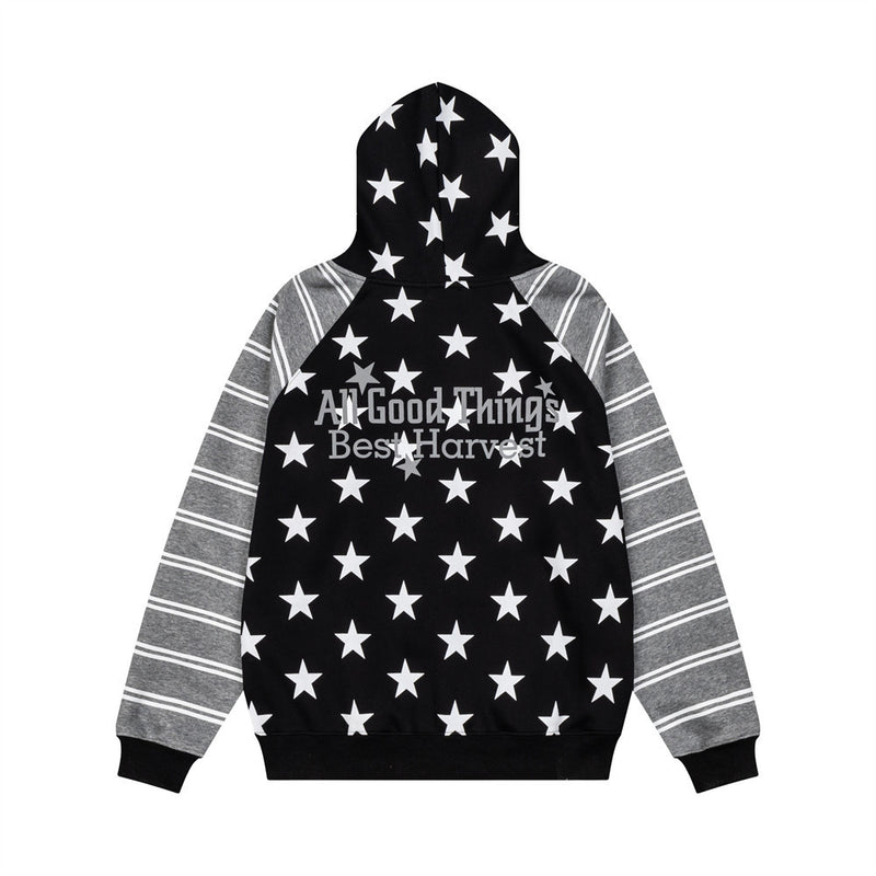 Star Print Zip-Up Hoodie with Striped Raglan Sleeves – Oversized Streetwear