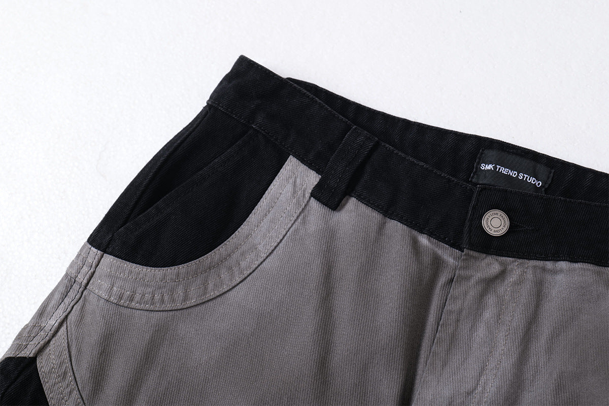 Baggy Cargo Pants Men's Black Grey Patchwork Wide-Leg Tactical Trousers