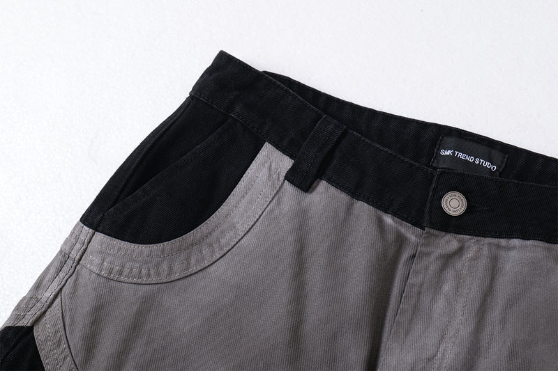 Baggy Cargo Pants Men's Black Grey Patchwork Wide-Leg Tactical Trousers