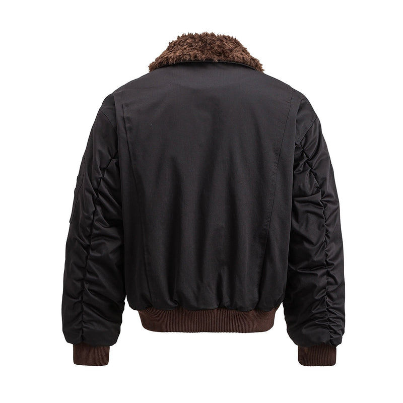 Patch Bomber Jacket with Shearling Collar – Quilted Lined Flight Jacket