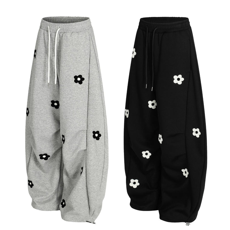 Pantalon de survêtement wide leg avec broderie florale intégrale et taille à cordon