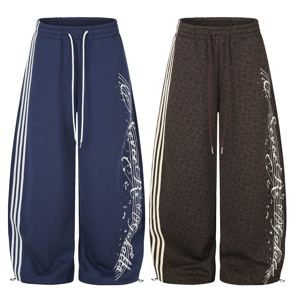 Wide-Leg Sweatpants with Side Stripes & Music Note Print