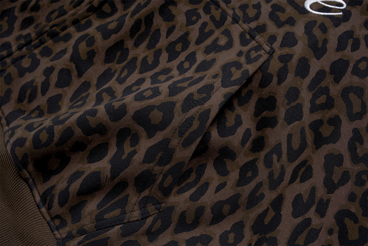 Leopard Print Zip-Up Hoodie with Embroidered MakeTrue Graphic & Number 9 Patches