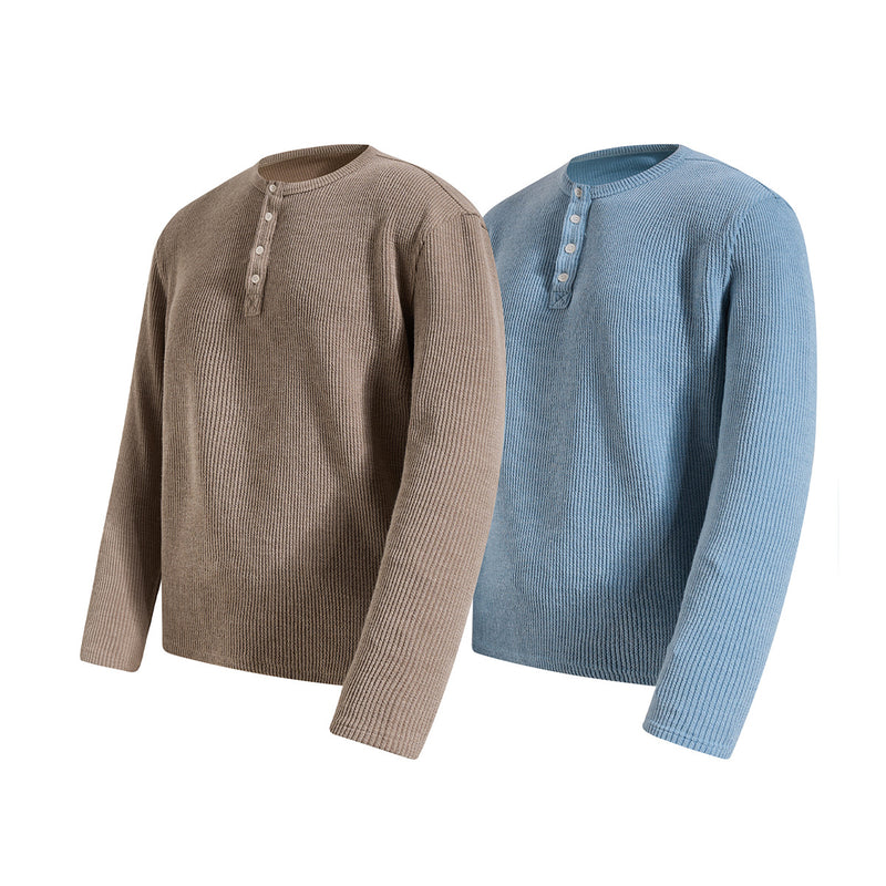 Men's Waffle Knit Henley Long Sleeve Shirt – Relaxed Fit Ribbed Tee