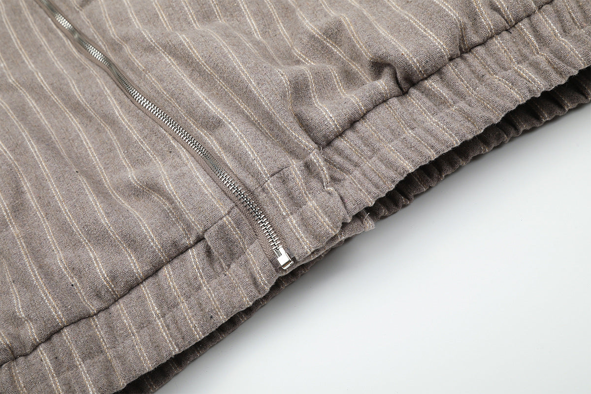 Pinstripe Zip-Up Bomber Jacket with Sherpa Collar & Pocket Trim