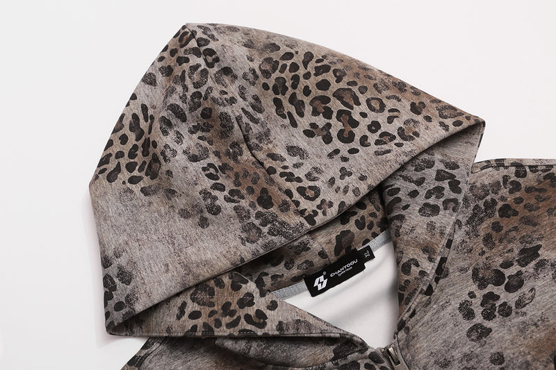 Leopard Print Zip-Up Hoodie – Vintage American Streetwear Oversized Cardigan