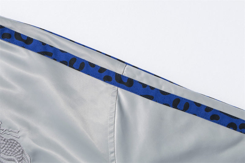 Men's Heavy Embroidery Stand Collar Satin Track Jacket with Tape Sleeves