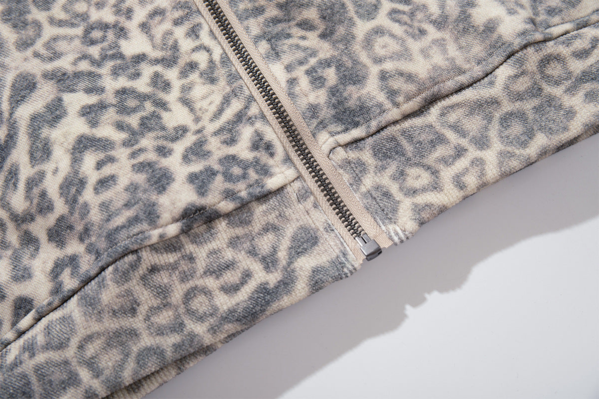 Hoodie zippé à imprimé léopard – Style streetwear américain vintage