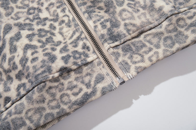 Hoodie zippé à imprimé léopard – Style streetwear américain vintage