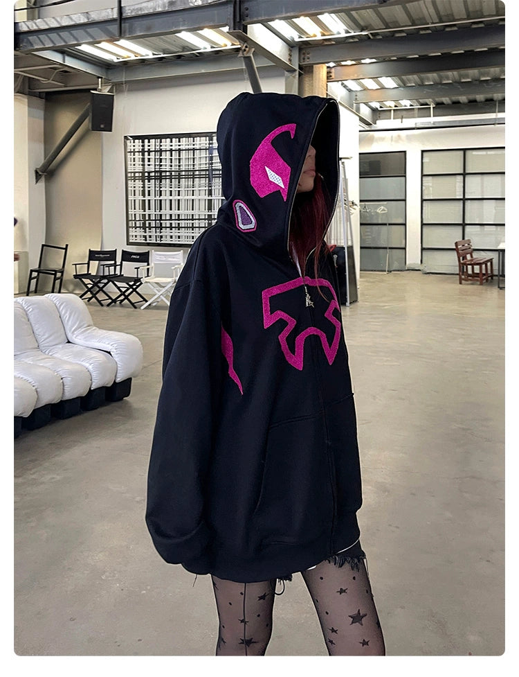 Futuristic Warrior Hoodie - 400GSM Oversized Sci-Fi Pink and Black Zip-Up Sweatshirt