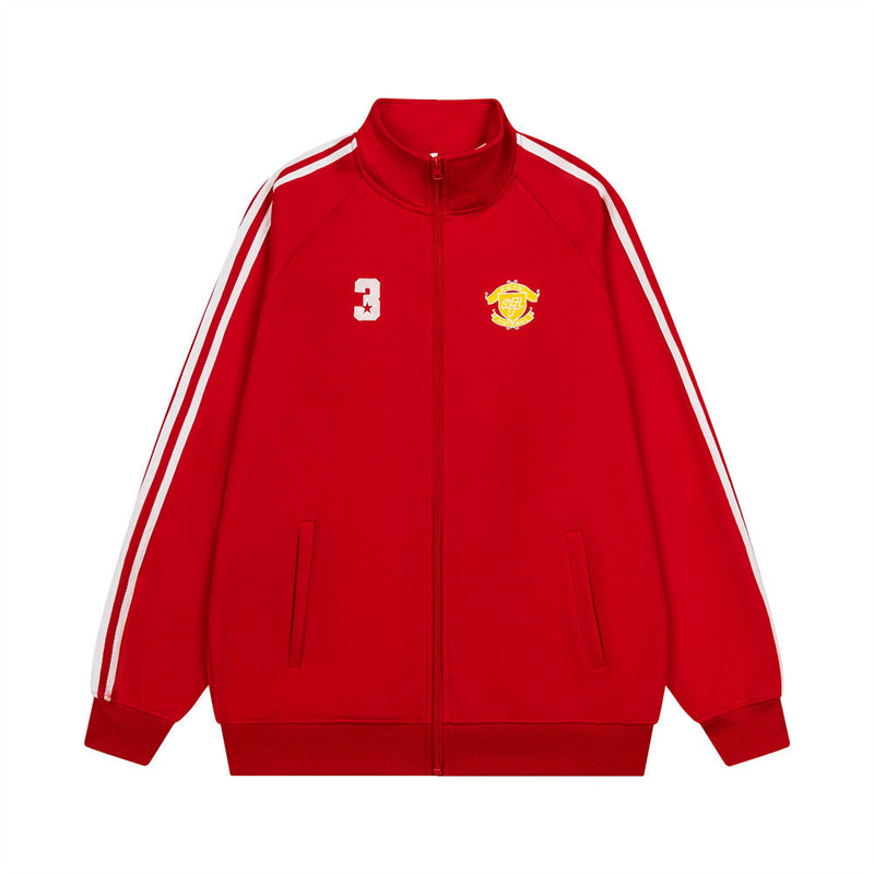 Men's Zip-Up Track Jacket with Stripe Sleeves and Crest Badge
