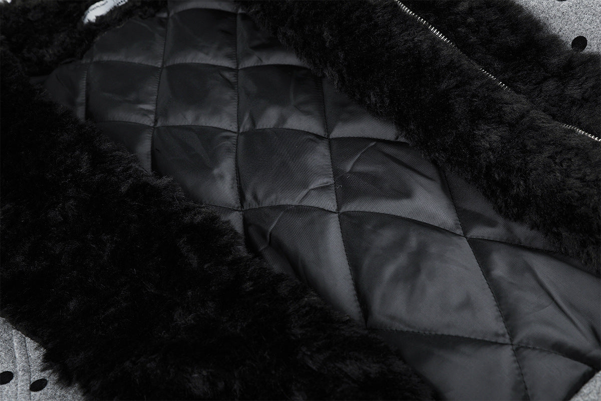 Polka Dot Wool-Blend Jacket with Faux Fur Collar – Oversized Retro Outerwear