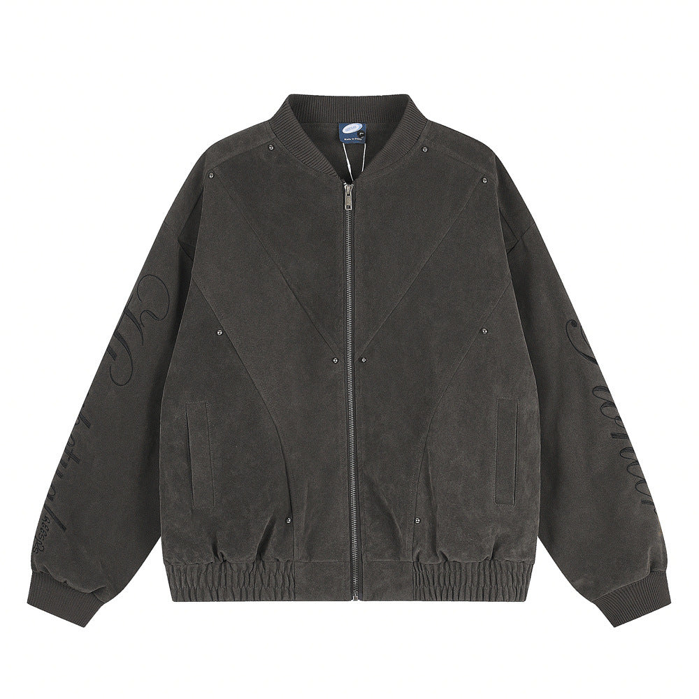 Blouson bomber oversize homme à finition suédée, empiècements déconstruits et broderie manuscrite sur les manches, gris anthracite et dark