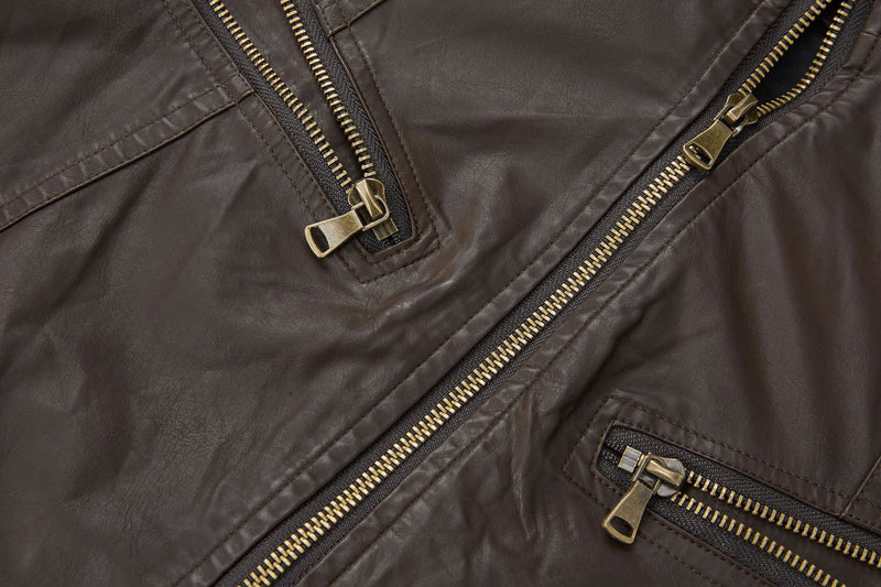 Veste moto en simili cuir – Col montant, poches zippées déconstruites, style biker rétro