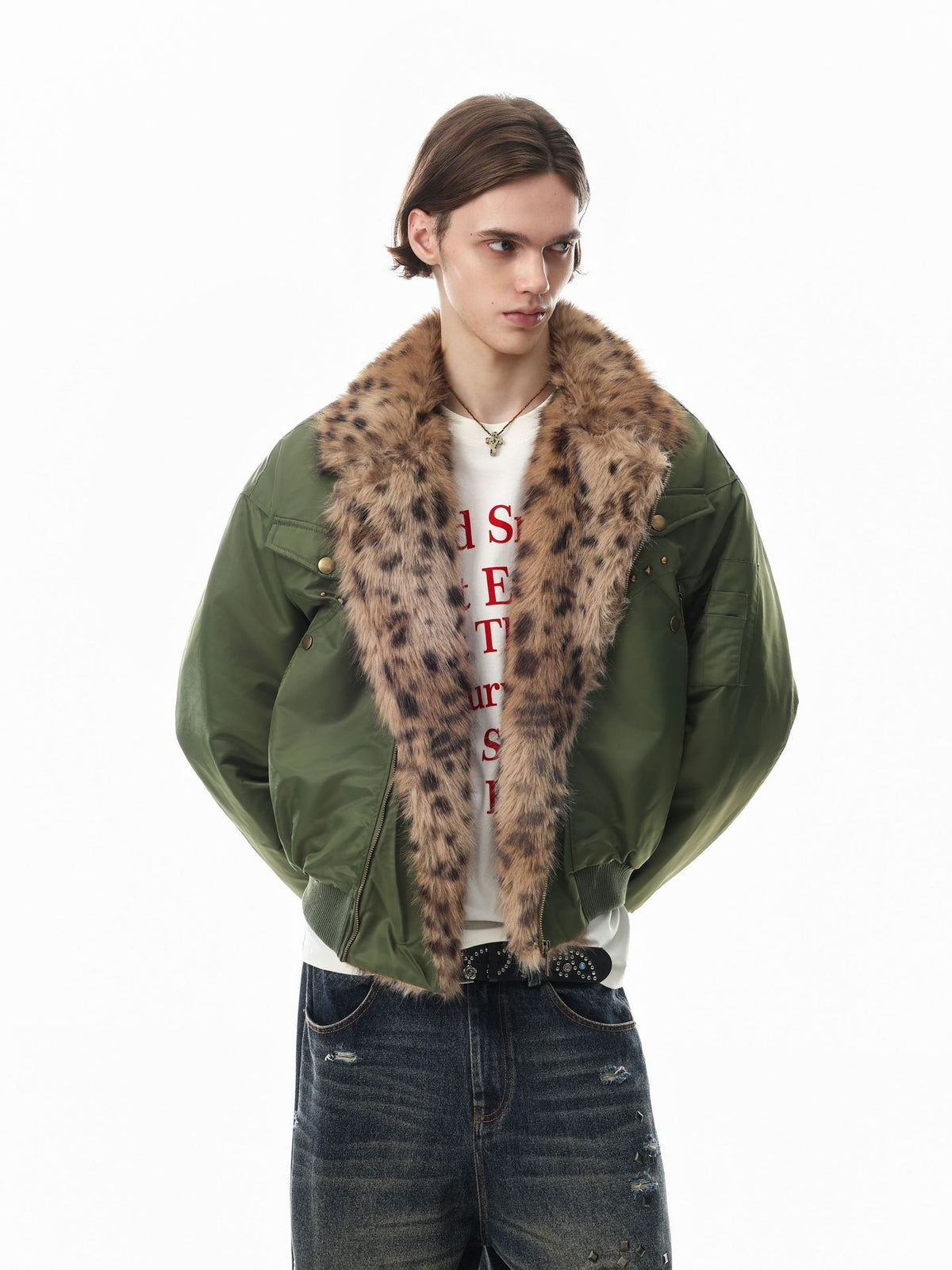 Army Green Bomber Jacket with Leopard Faux Fur Collar & Studs