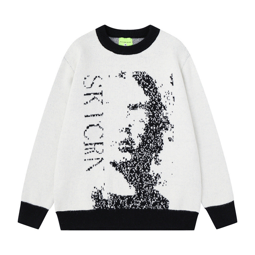 Men's Crew Neck Jacquard Knit Sweater – Pixelated Portrait Graphic, Contrast