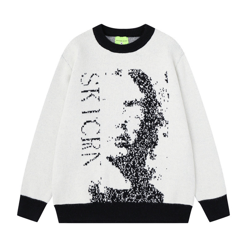 Men's Crew Neck Jacquard Knit Sweater – Pixelated Portrait Graphic, Contrast
