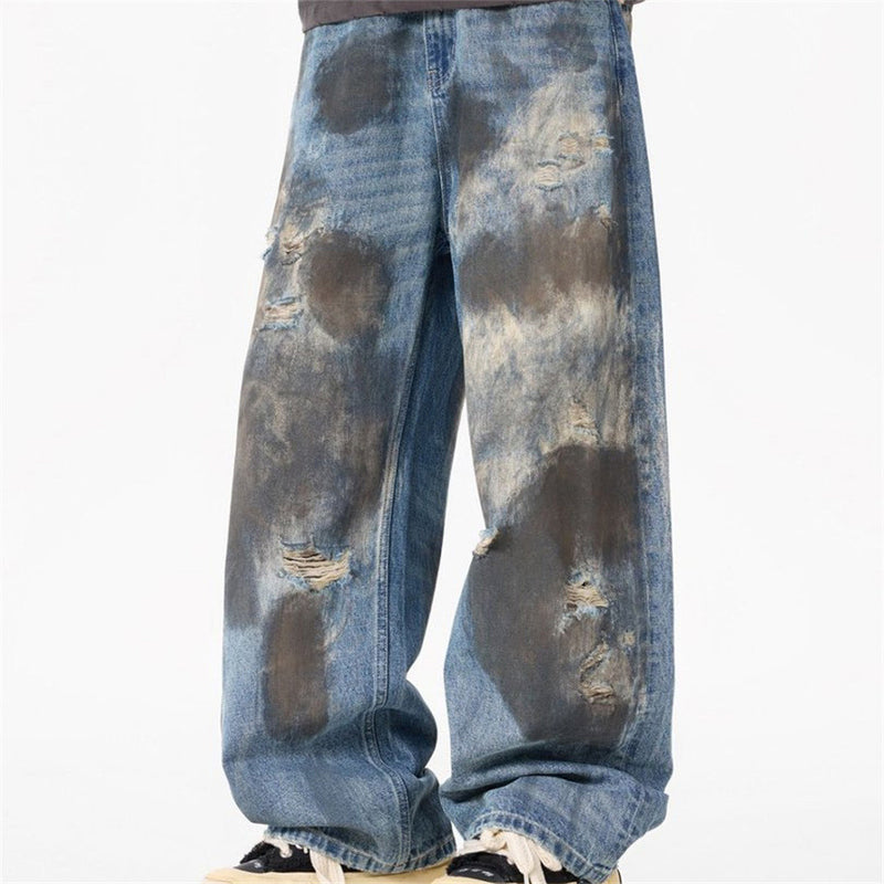 Wide-Leg Distressed Jeans – Dirty Wash Tie-Dye Ripped Denim, Relaxed Fit