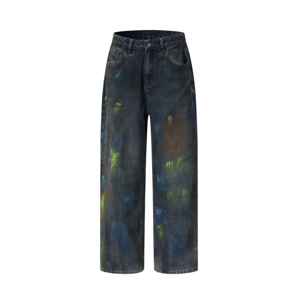 Baggy Paint Splatter Jeans Men – Wide Leg Grunge Denim Straight Pants