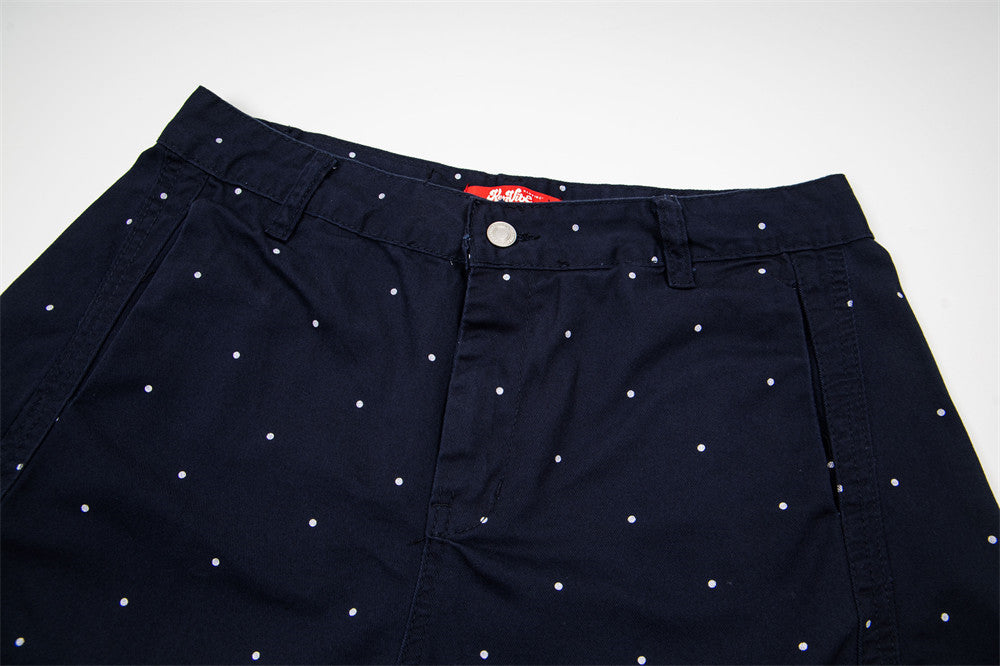 Wide-Leg Polka Dot Pants – Relaxed Fit Navy Barrel-Leg Trousers