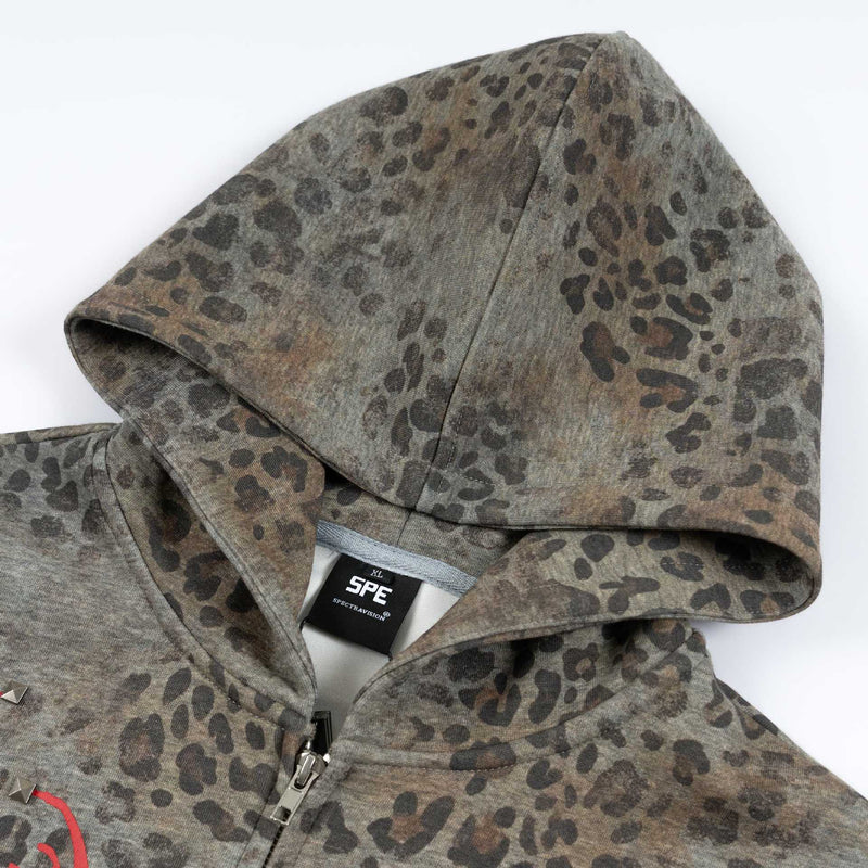 Sudadera con cremallera de estampado de leopardo, alas tribales y gráfico de águila doble