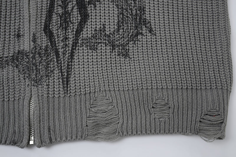 Pull col montant zippé en maille gothique à croix imprimée et effet usé