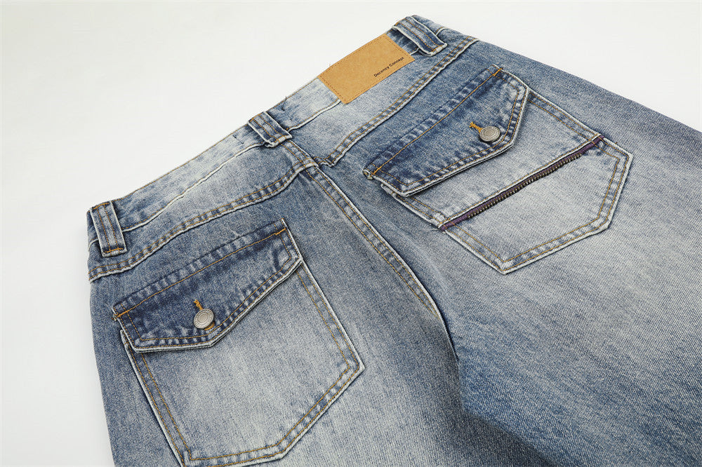 Jean baggy à jambes larges – Denim bleu délavé homme, coupe droite avec poche zippée