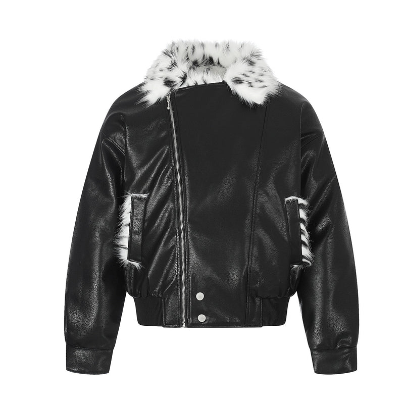Black Faux Leather Bomber Jacket with Spotted Faux Fur Collar