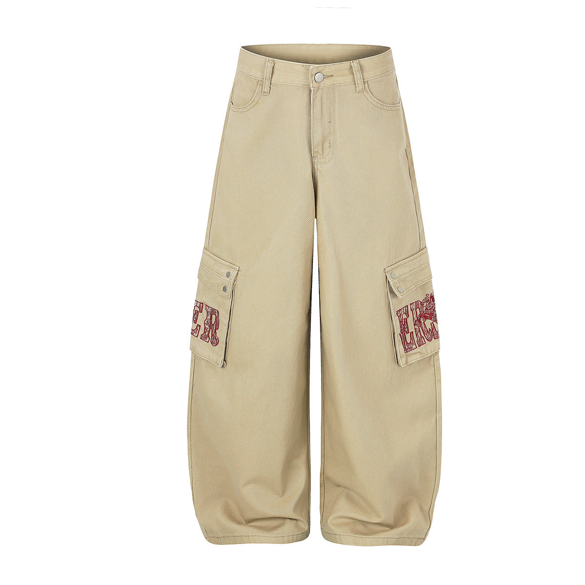Baggy wide-leg cargo pants with red embroidered lettering and snap cargo pockets in khaki colorway