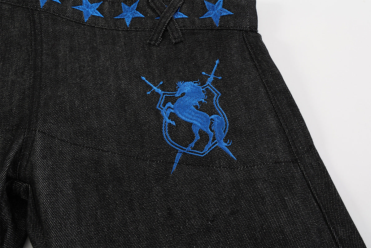 Wide Leg Jeans with Star Embroidery & Diagonal Waistband — Black Raw Denim