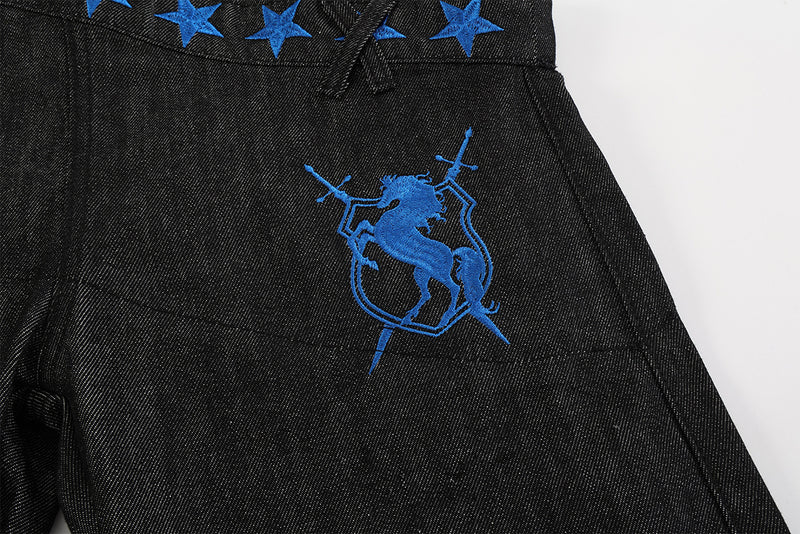 Wide Leg Jeans with Star Embroidery & Diagonal Waistband — Black Raw Denim
