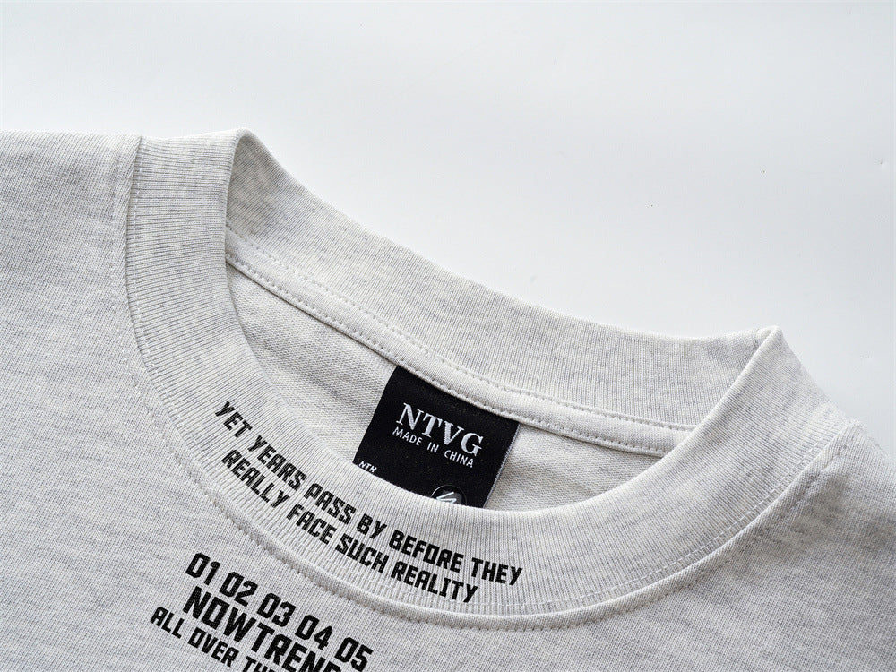 Langarm-T-Shirt mit Rundhalsausschnitt – minimalistischer Schriftprint, meliertes Grau